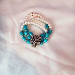 Austrian Crystal Tiger Faux Blue Howlite Faux Pearls Bracelet  Red Pouch